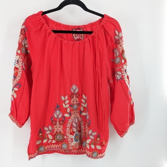 Johnny Was Maisie Peasant Tie Linen Blouse Embroidered Small - Picture 4 of 8